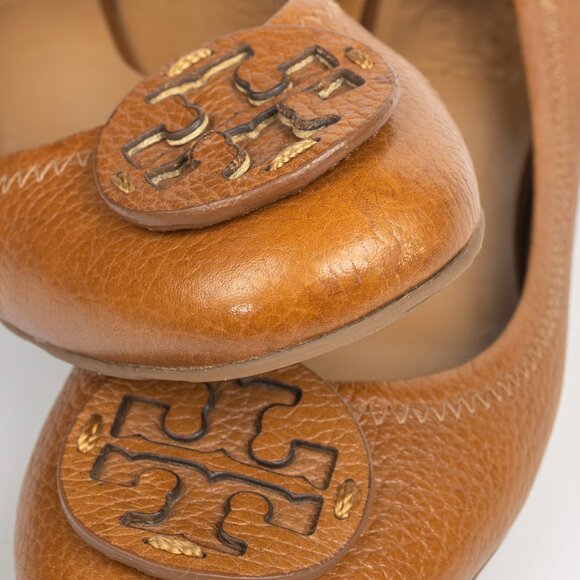 Tory Burch Reva Ballet Flats Royal Tan Leather Logo Size 7 - Picture 11 of 12